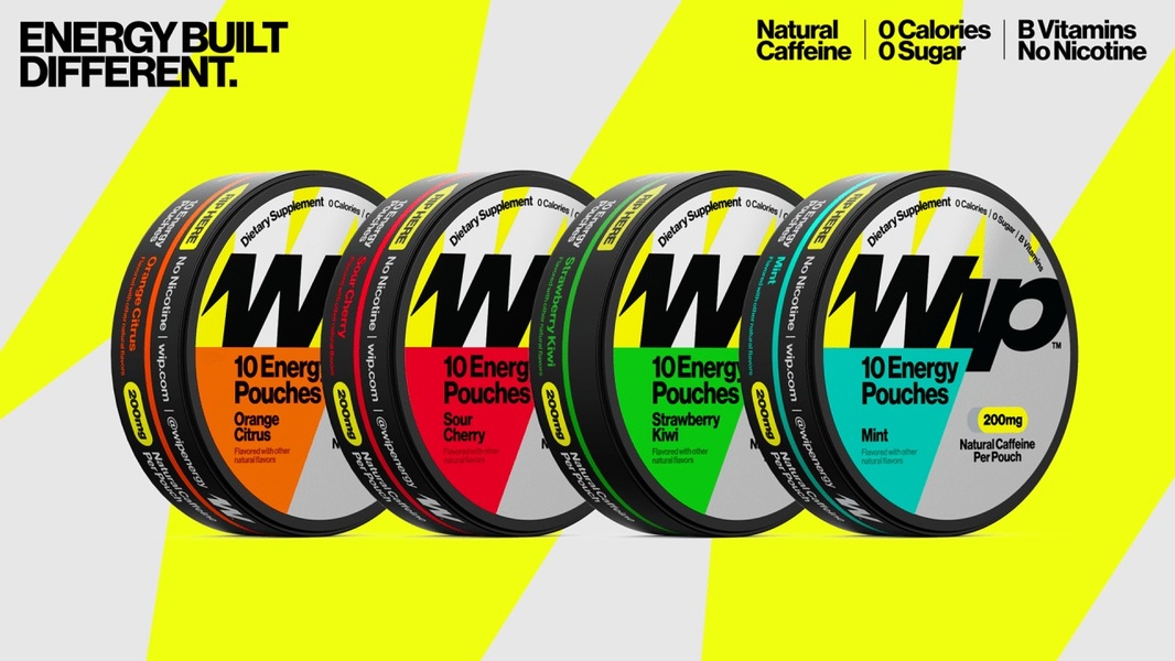 A high-contrast advertisement for 200mg caffeine energy pouches featuring a vibrant yellow and grey color palette with clear product benefits listed.